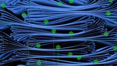 Abstract blue waves with green pentagon markers on a black background.