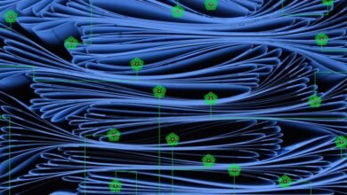 Abstract blue waves with green pentagon markers on a black background.