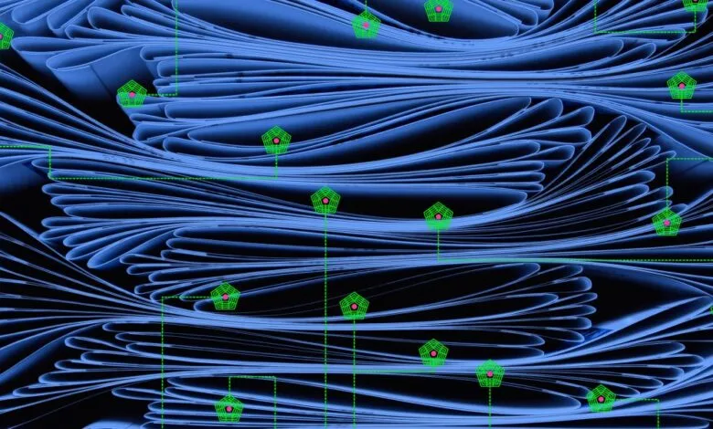 Abstract blue waves with green pentagon markers on a black background.