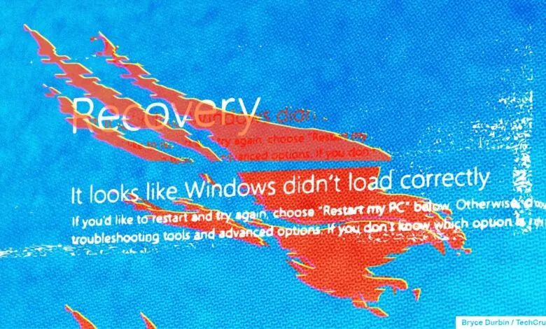 Windows recovery screen with glitch effect, error message about loading incorrectly.