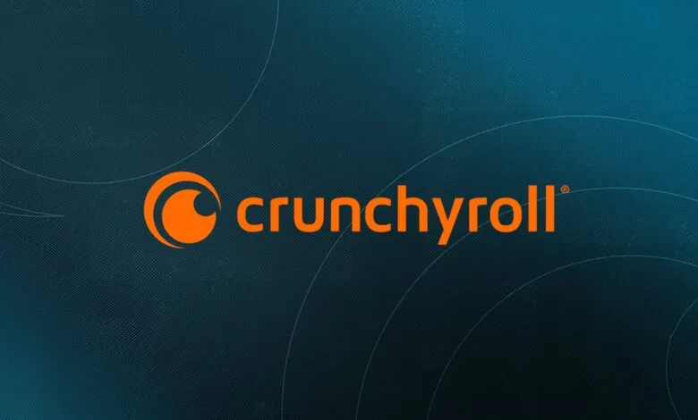 Crunchyroll logo in orange against a textured teal background.