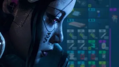 Close-up of a futuristic cyborg face with glowing eye and face tattoos.