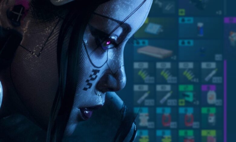 Close-up of a futuristic cyborg face with glowing eye and face tattoos.