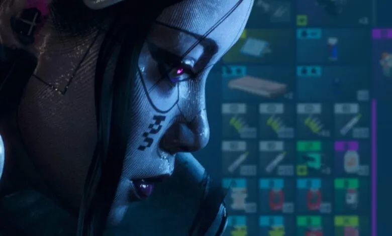 Close-up of a futuristic cyborg face with glowing eye and face tattoos.