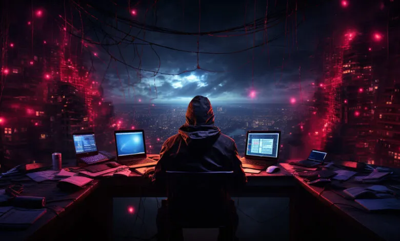 Person in hoodie at desk with multiple laptops overlooking city at night.