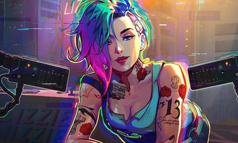 Cyberpunk-style woman with colorful hair and tattoos stands in a futuristic setting.
