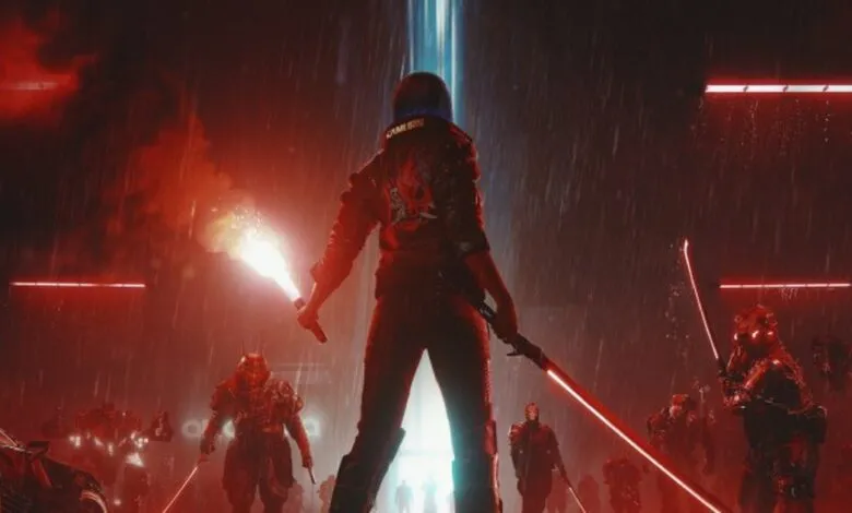 Cyberpunk warrior stands against a red-lit, rainy cityscape with glowing swords.