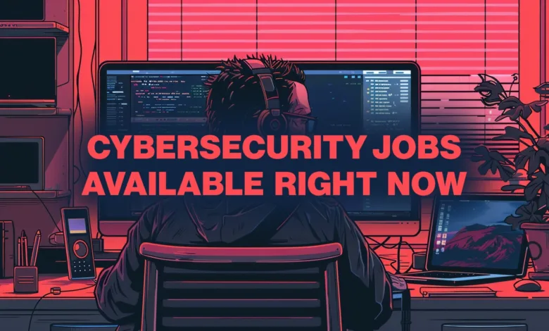 Person at desk with computers, text overlay: Cybersecurity Jobs Available Right Now.