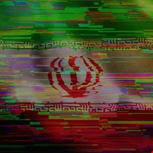 Distorted Iranian flag with glitch effects and horizontal lines.