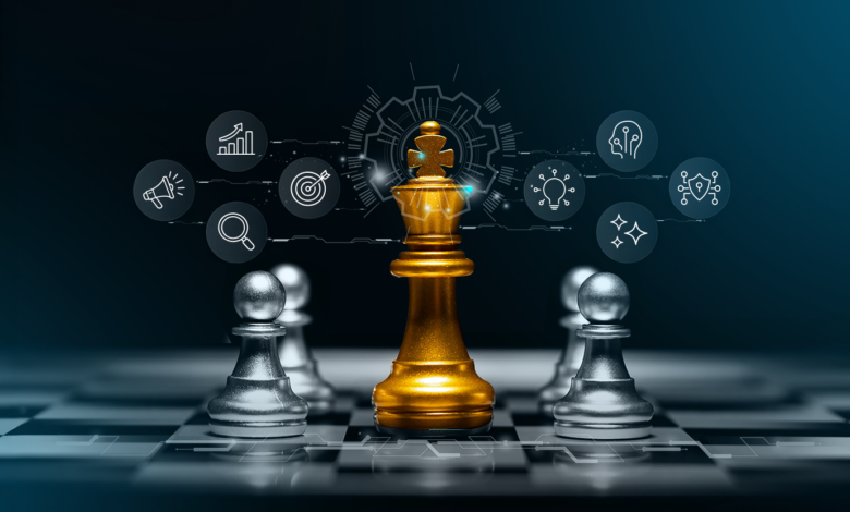 Golden king chess piece surrounded by silver pawns on a chessboard.