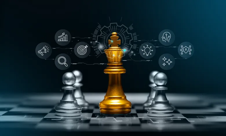 Golden king chess piece surrounded by silver pawns on a chessboard.