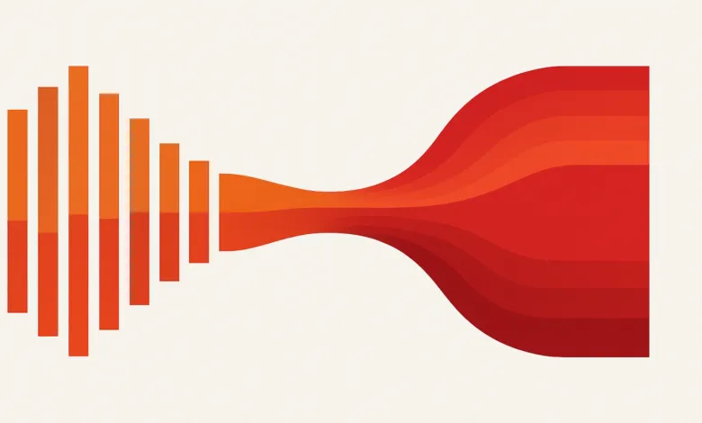 Abstract graphic of orange bars merging into red flowing lines.