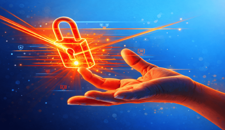 Hand holding glowing padlock, representing data security and protection.