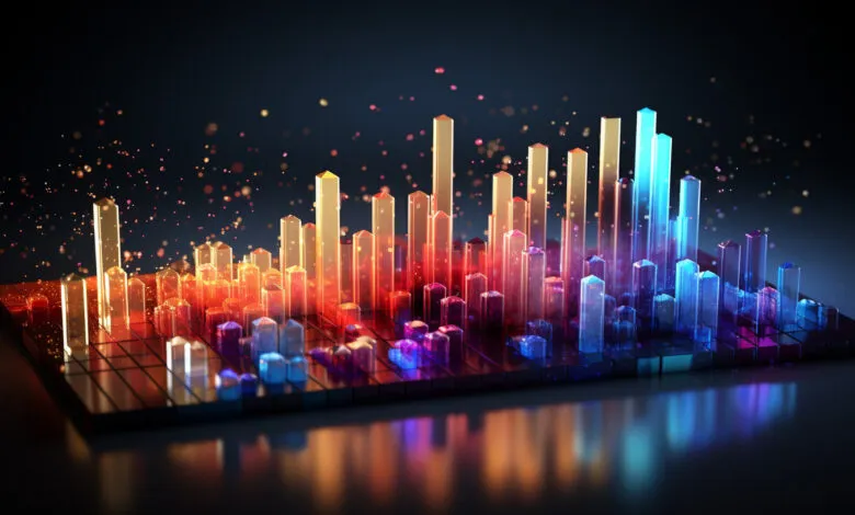 Abstract data visualization with colorful, translucent bars on a grid.