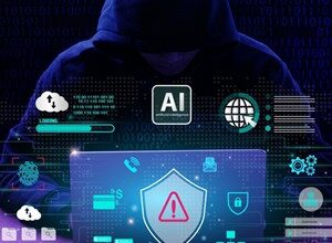 Person in hoodie with laptop surrounded by digital security icons.