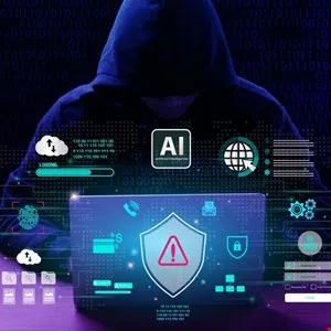 Person in hoodie with laptop surrounded by digital security icons.