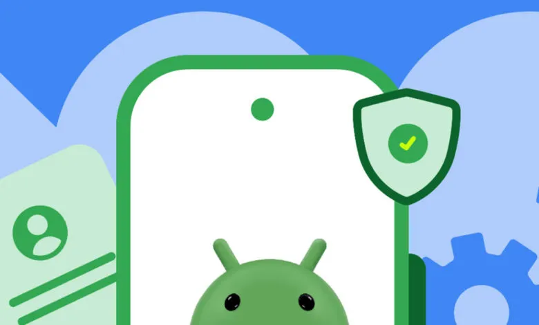 Android phone with security shield and Android robot icon.