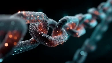 Abstract chain link structure with glowing orange and blue lights.