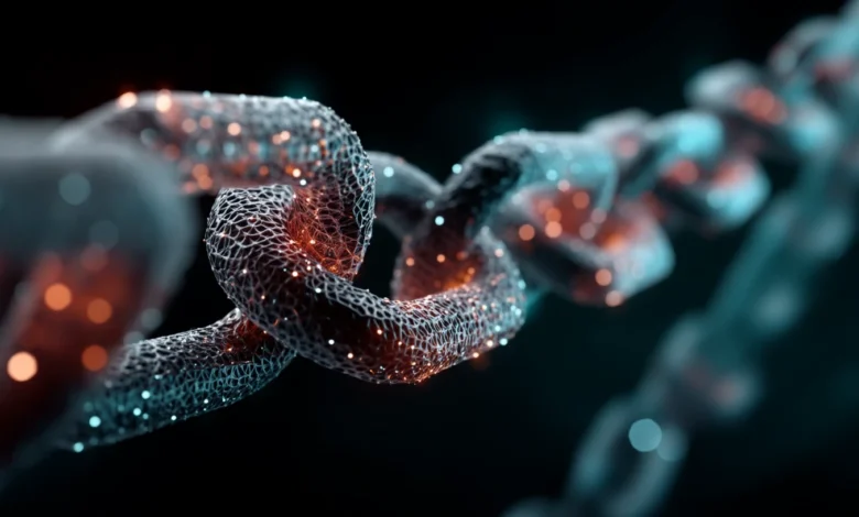 Abstract chain link structure with glowing orange and blue lights.