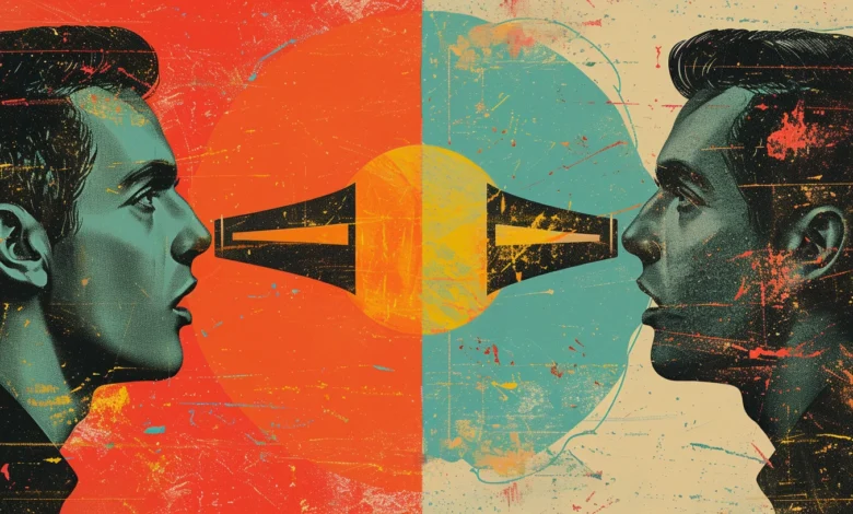 Two faces in profile facing each other with megaphone graphic.