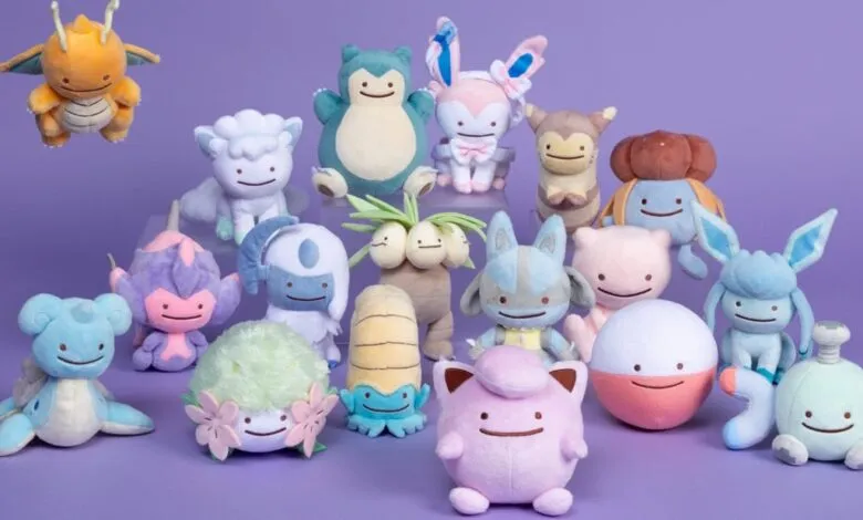 Collection of Ditto Pokemon plush toys in various forms on purple background.