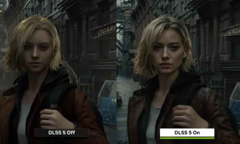 DLSS 5 comparison: Left side shows DLSS off, right side shows DLSS on.