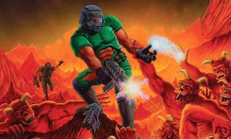 Doomguy battles demons in hellish landscape, firing weapons.