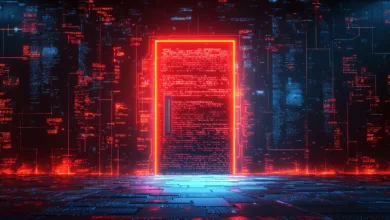 Glowing red doorway surrounded by digital code and circuit patterns.