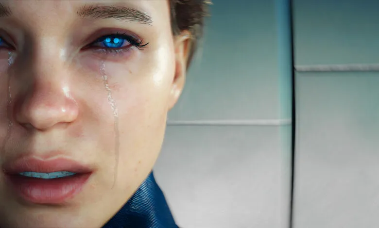 Close-up of a woman's face with tears and glowing blue eyes.