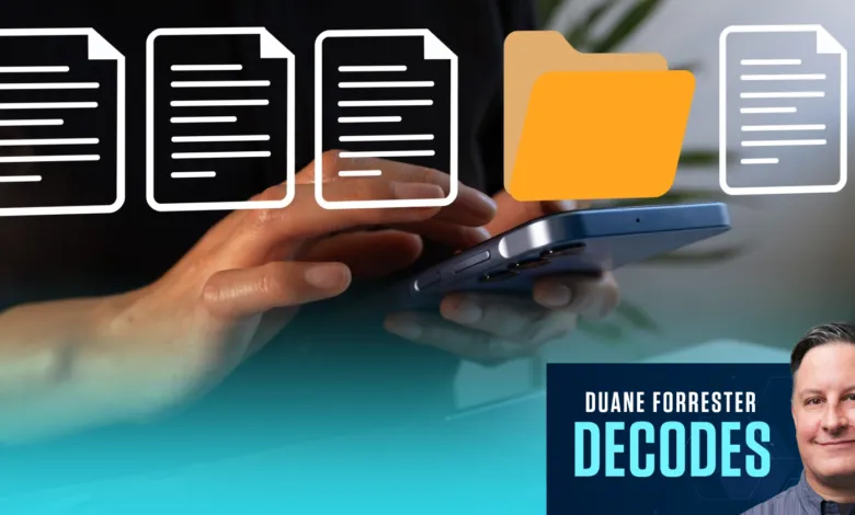 Hands using a smartphone with document and folder icons overlaid.