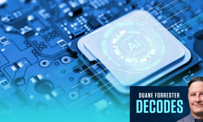 AI chip on circuit board with Duane Forrester's image.