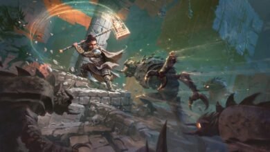 Paladin swings hammer in battle against monsters in a ruined dungeon.