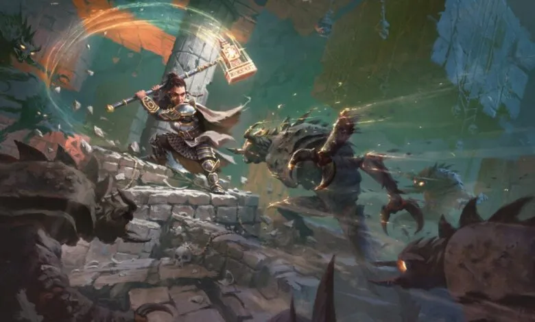 Paladin swings hammer in battle against monsters in a ruined dungeon.