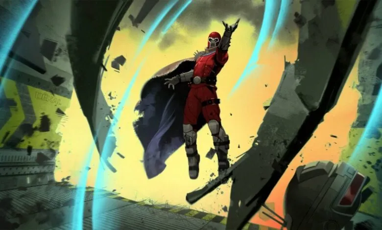 Magneto stands triumphantly amidst destruction, raising his hand.