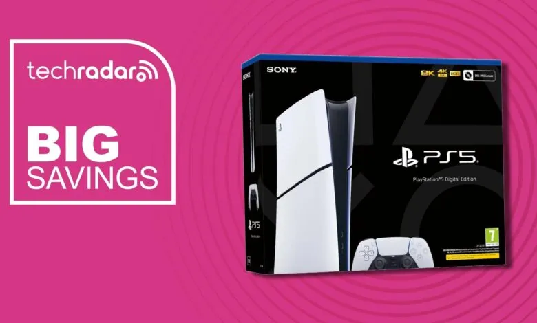 PlayStation 5 Digital Edition box with 'Big Savings' promotion on pink background.