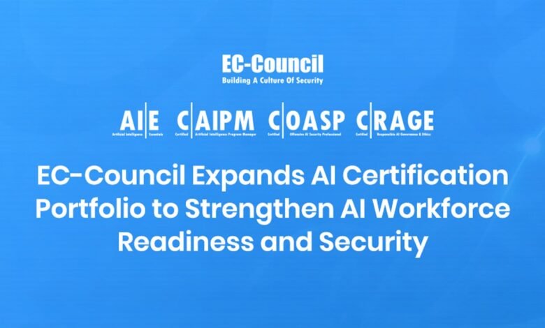 EC-Council expands AI certification portfolio on a blue background.
