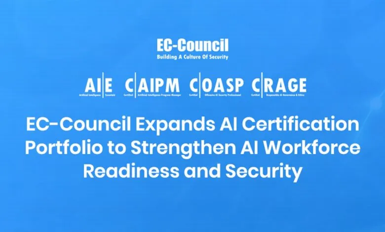 EC-Council expands AI certification portfolio on a blue background.