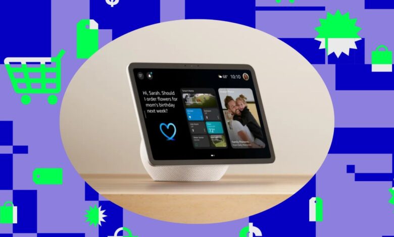 Amazon Echo Show 15 smart display showing family photos and smart home controls.