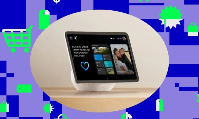 Amazon Echo Show 15 smart display showing family photos and smart home controls.
