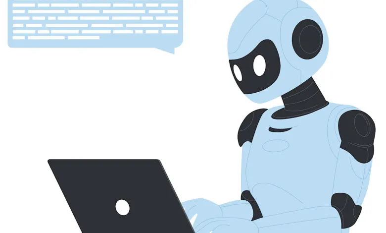 Illustration of a light blue robot working on a laptop with a speech bubble.