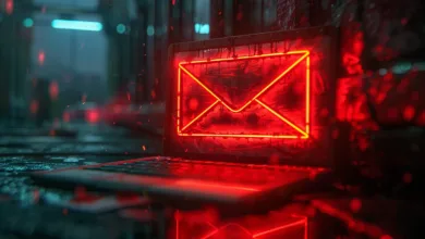 Laptop displays glowing red email envelope icon on screen.