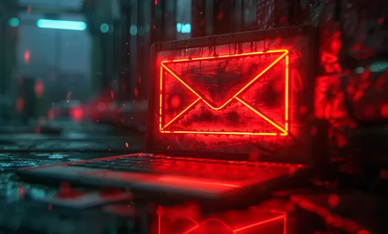 Laptop displays glowing red email envelope icon on screen.