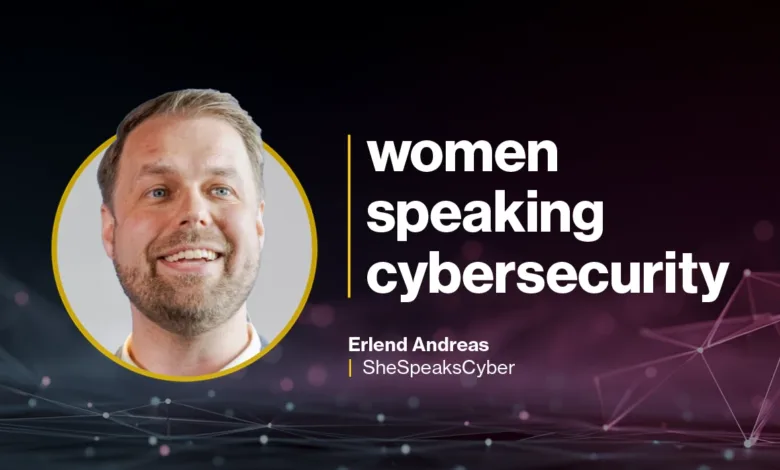 Erlend Andreas of SheSpeaksCyber smiling against a tech-themed background.