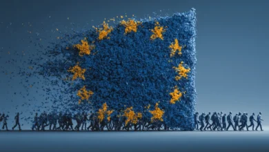 People walking away from a dissolving EU flag, symbolizing emigration.