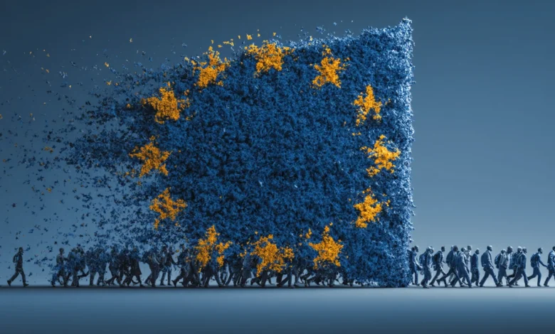 People walking away from a dissolving EU flag, symbolizing emigration.