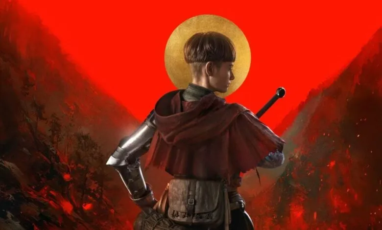 Figure in armor with golden halo against a red mountain backdrop.