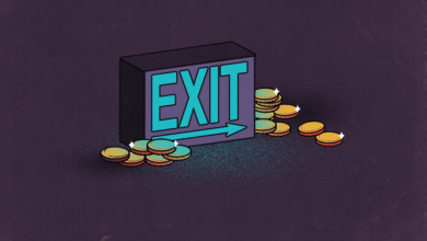 Exit sign with arrow surrounded by stacks of gold coins.