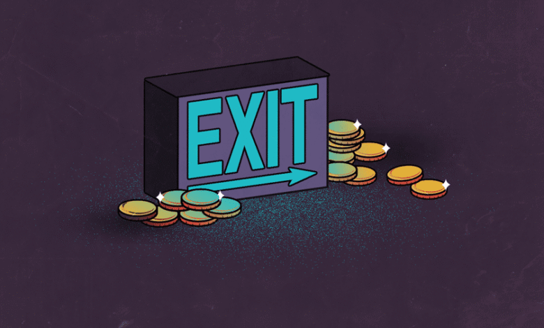 Exit sign with arrow surrounded by stacks of gold coins.
