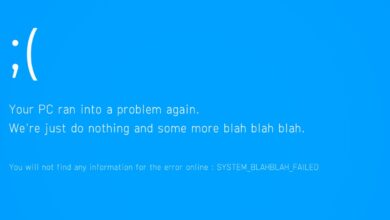 Humorous blue screen of death with nonsensical error message.