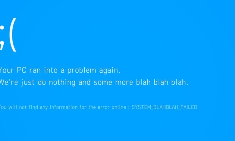 Humorous blue screen of death with nonsensical error message.